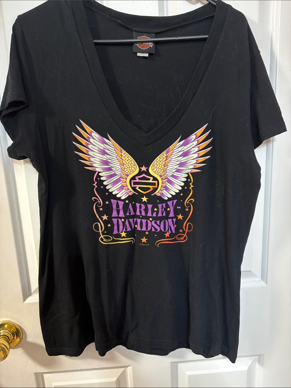 Harley-Davidson Black V-Neck Tee with Purple and Yellow Wing Graphic